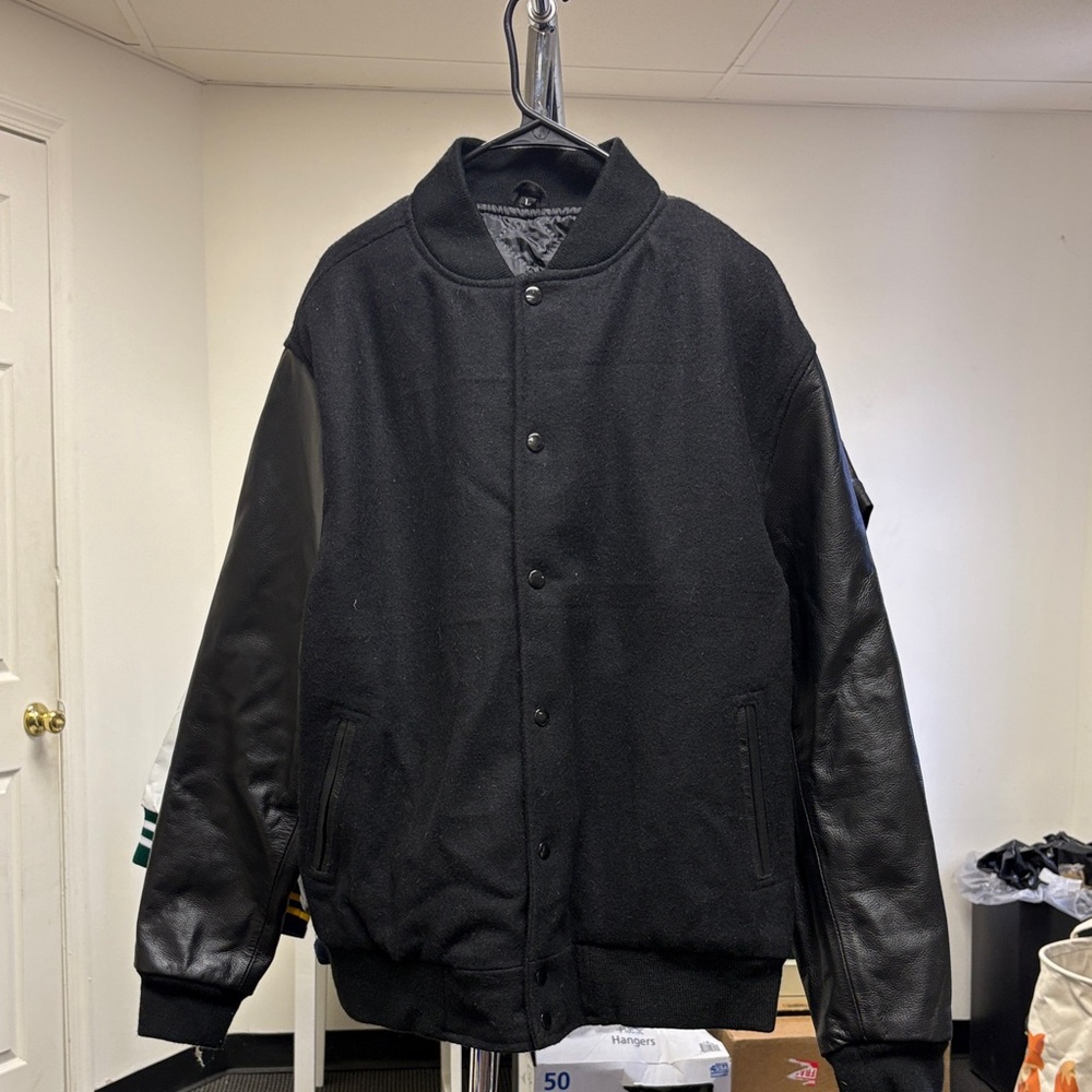 Men's Black Wool and Leather Bomber Jacket